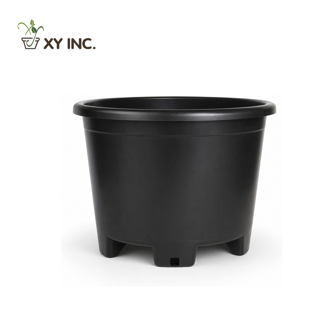 XY injection molded black plastic nursery pot, 100 Gallon