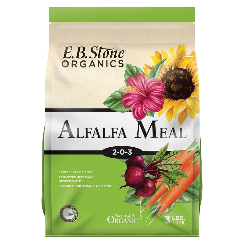 E.B. Stone Organics Alfalfa Meal Fertilizer 2-0-3 - Natural Plant Food for Roses, Flower and Vegetable Beds - 3 lb