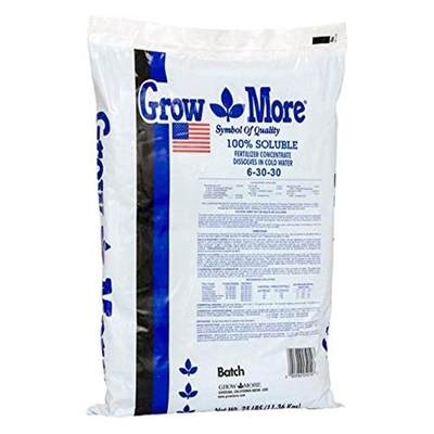 Grow More Soluble 6-30-30 fertilizer, 25 lb bag