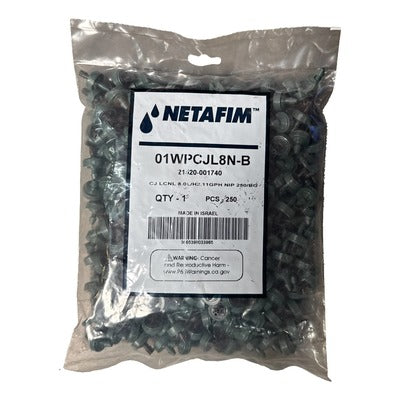 Netafim Woodpecker Jr. Dripper - bag of 250, label showing part 01WPCJL8N-B / 21520-001740