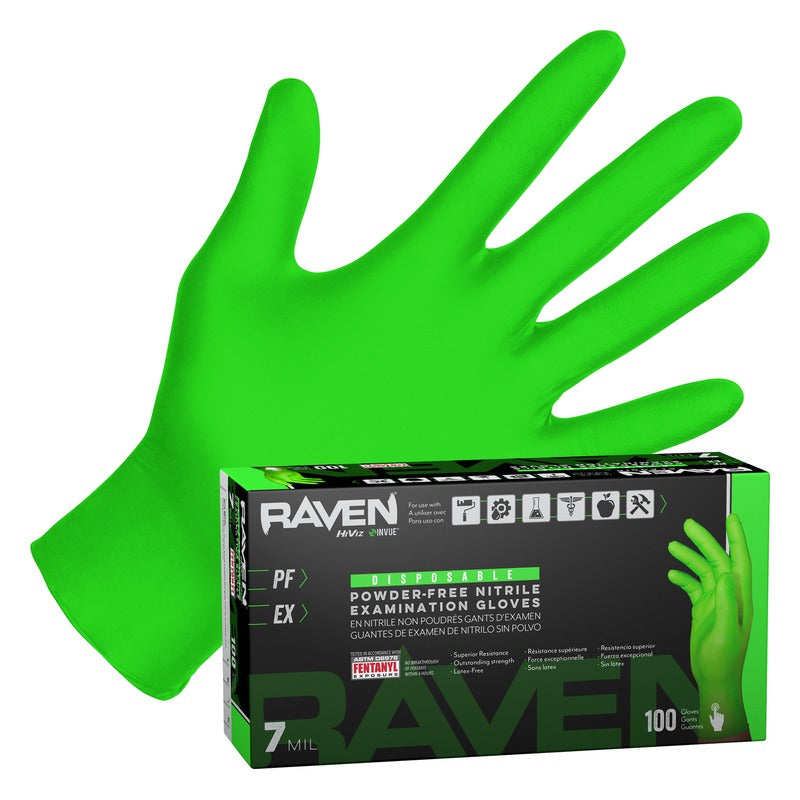 SAS Safety Raven InVue hi-viz green nitrile gloves box of 100