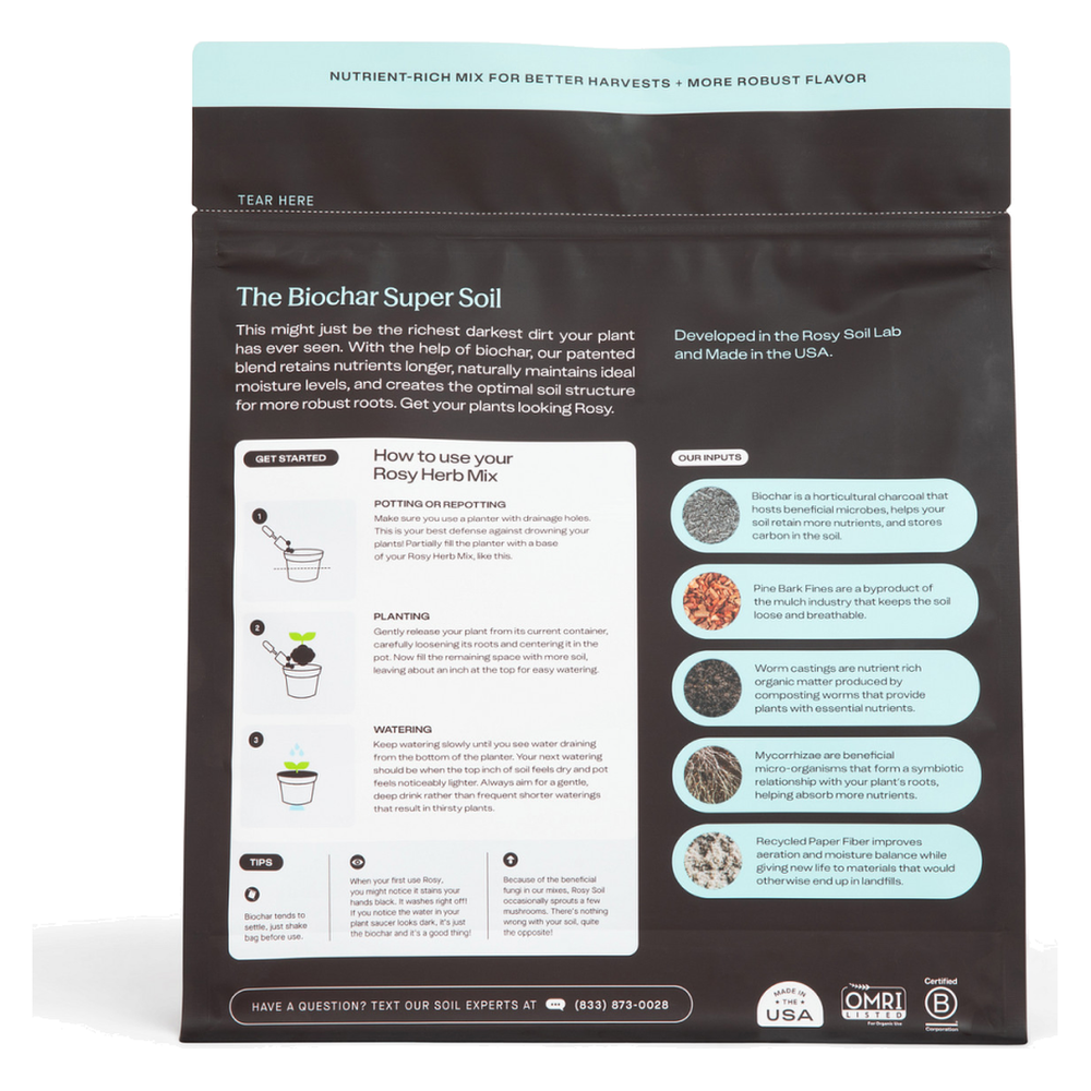 Rosy Soil Herb Soil 4 quart bag, back with directions