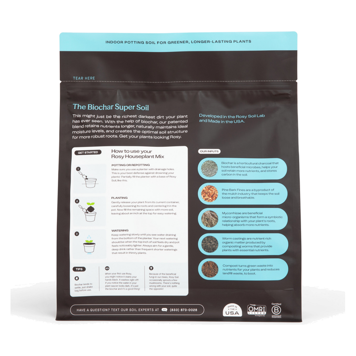 Rosy Soil Houseplant Soil 4 quart bag, back with directions