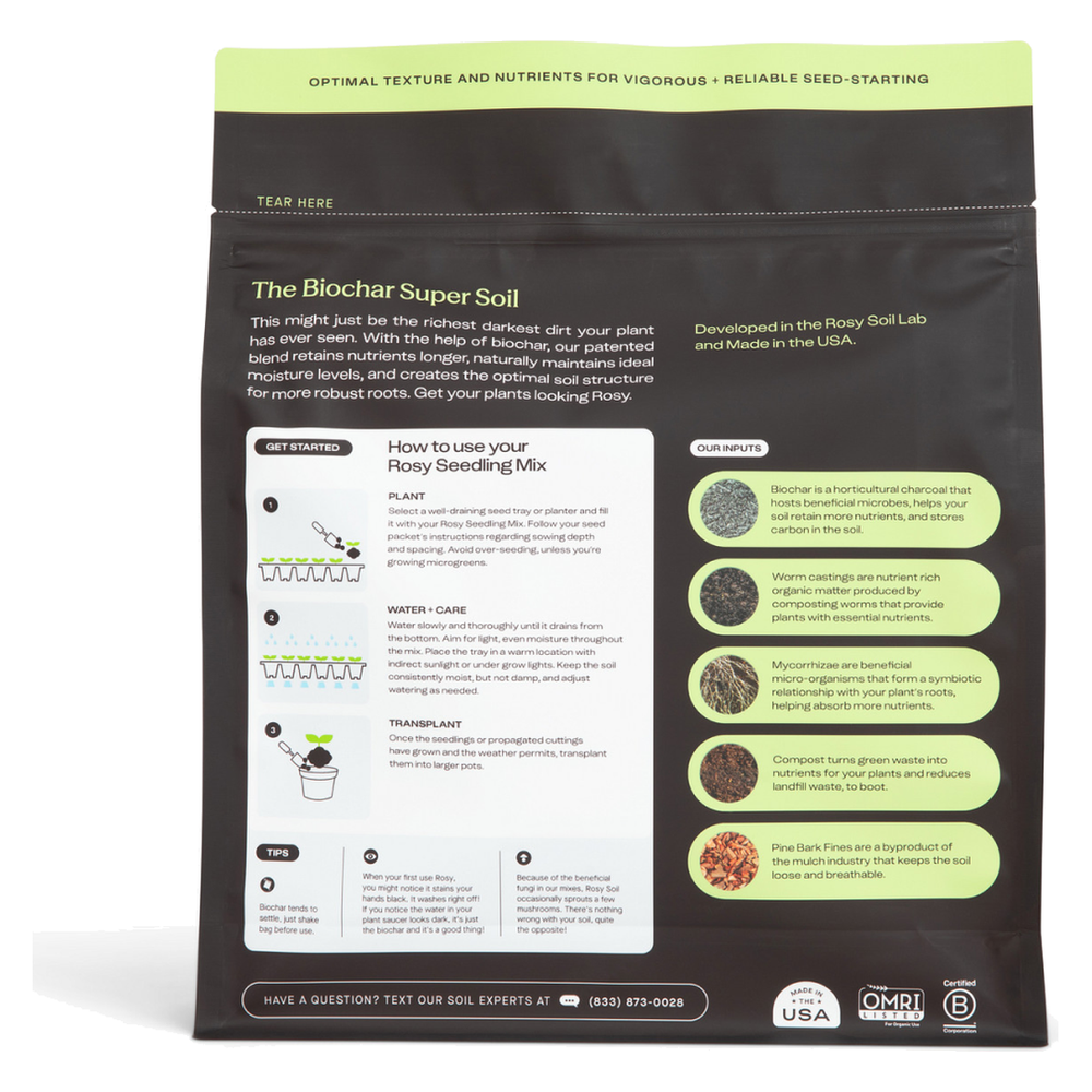 Rosy Soil Seedling Soil 4 quart bag, back with directions