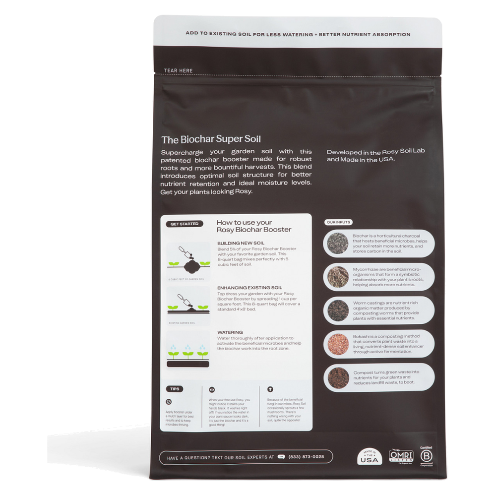 Rosy Soil Biochar Booster 8 quart bag, back with directions