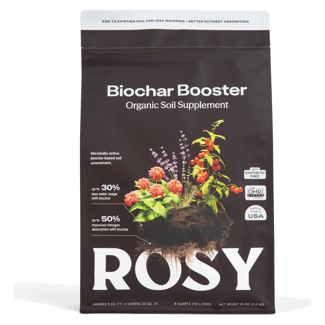 Rosy Soil Biochar Booster 8 quart bag, front